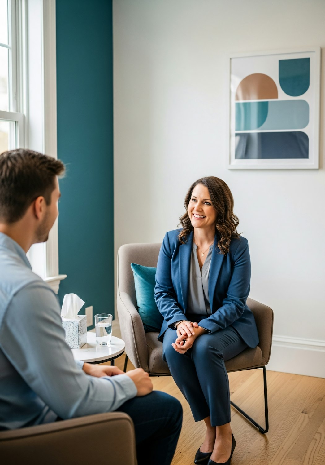 A counsellor bravely sitting in a client chair, symbolizing the act of overcoming professional stigma and practical barriers to seeking personal therapy.
