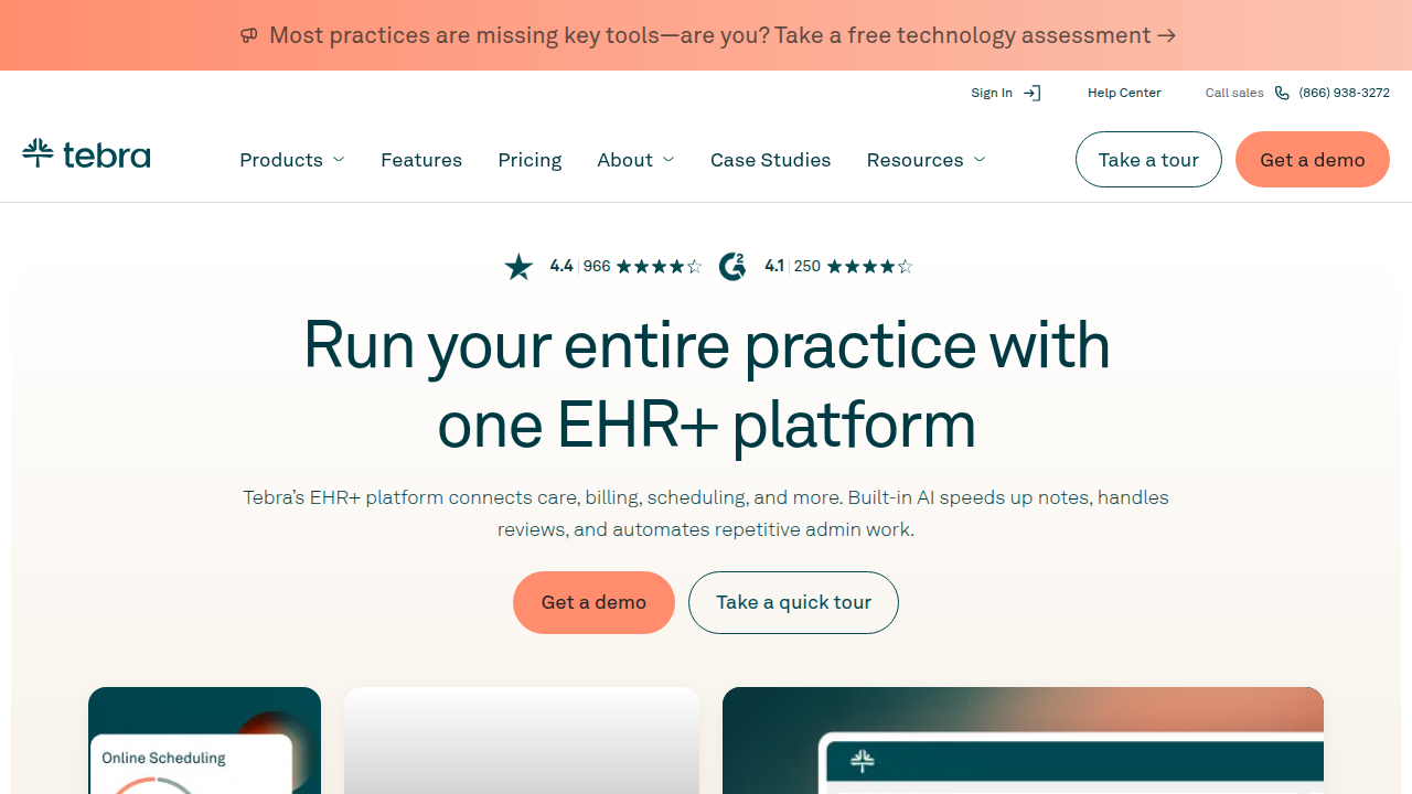 The homepage of Tebra, a resource for practice operations, offering insights into mental health therapist burnout statistics and practice management.