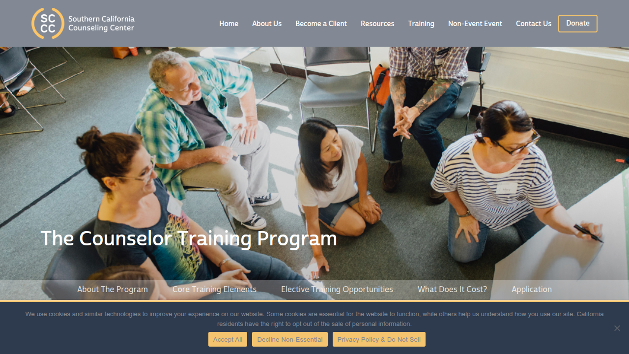 A page from the SCCC (Southern California Counseling Center) website detailing their counselor training program and its requirements, including the emphasis on personal therapy.