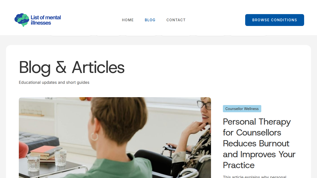 The blog homepage of List Of Mental Illnesses provides a straightforward directory of conditions and symptoms, helping users find factual information to counter misinformation.