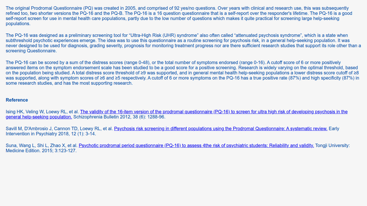The Prodromal Questionnaire 16 (PQ-16) on QxMD, a tool used by professionals for early risk screening of psychosis.