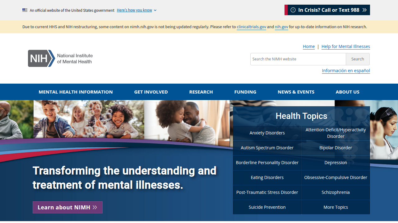 The National Institute of Mental Health (NIMH) website, a leading source for research and information on mental illnesses.