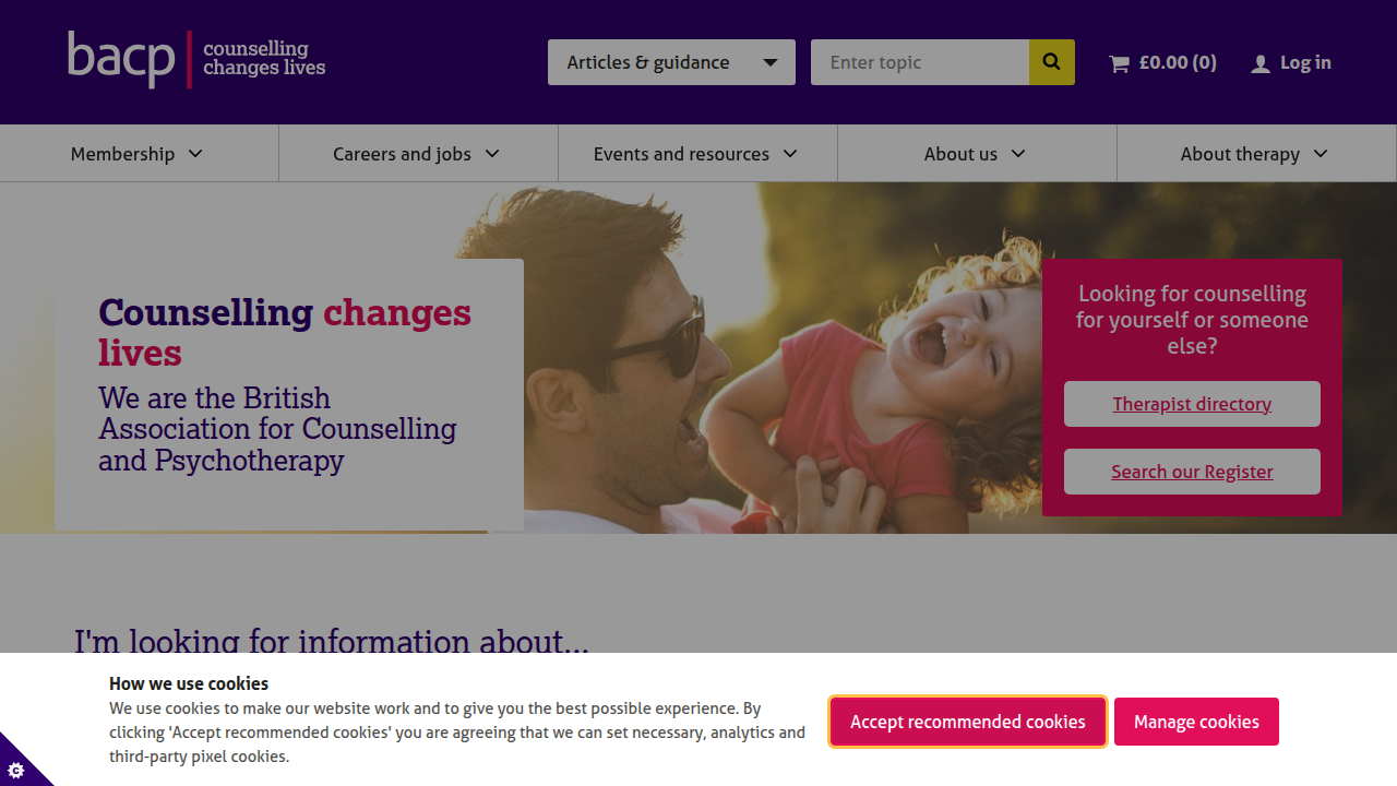 The British Association for Counselling and Psychotherapy (BACP) homepage, reflecting ethical guidelines.