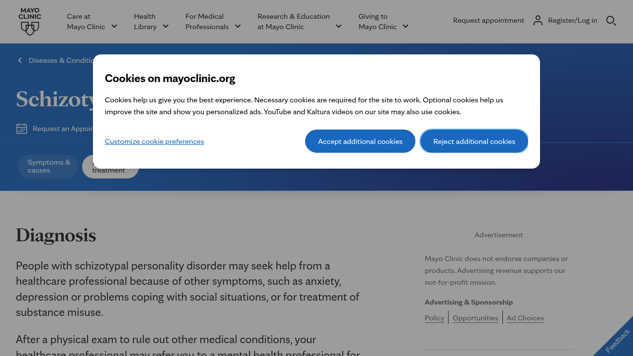 Mayo Clinic's authoritative page on the diagnosis and treatment options for Schizotypal Personality Disorder.