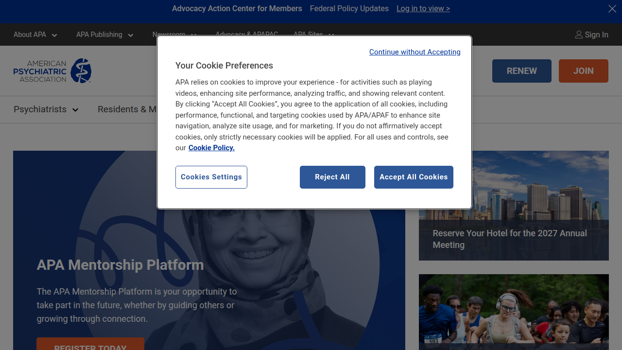 Screenshot of the American Psychiatric Association homepage, a trusted source for mental health diagnostic criteria like the DSM-5.