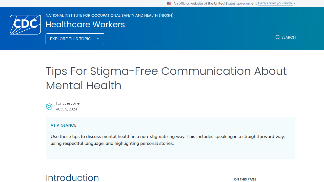 Screenshot of the CDC's resource page for stigma-free communication about mental health, highlighting its importance.