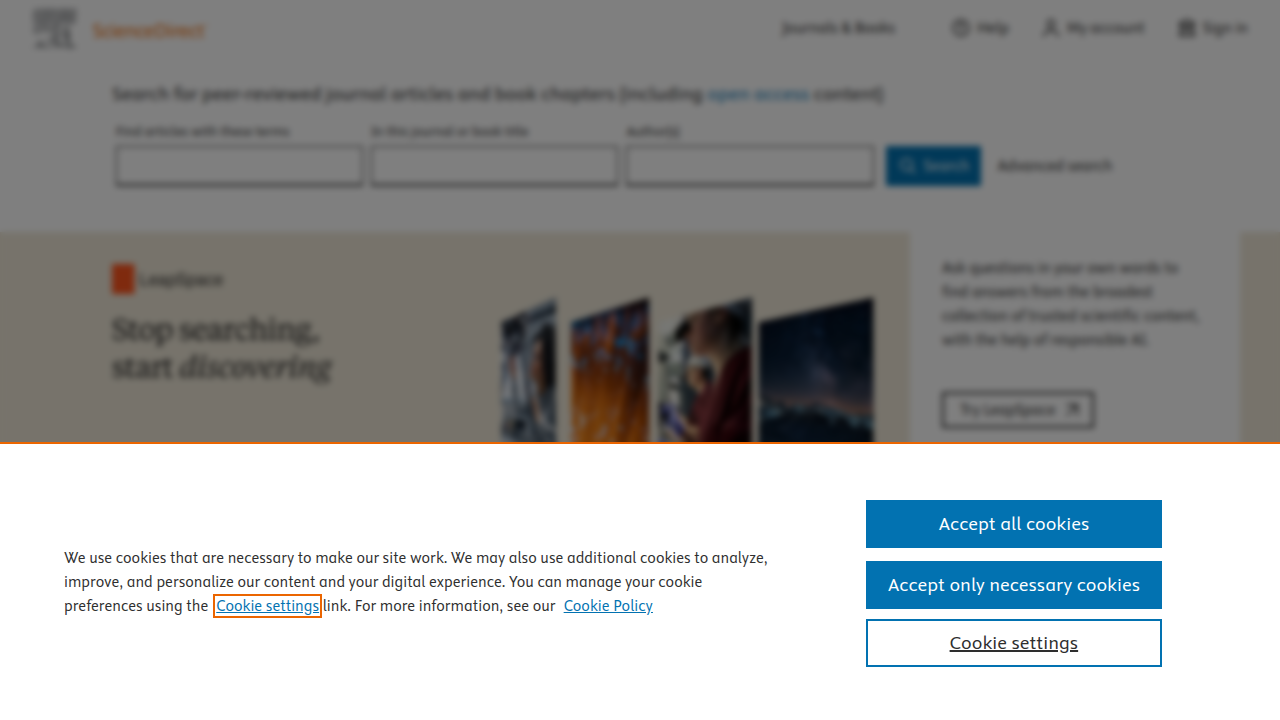 A screenshot of the ScienceDirect platform, a leading database for scientific and medical research publications.