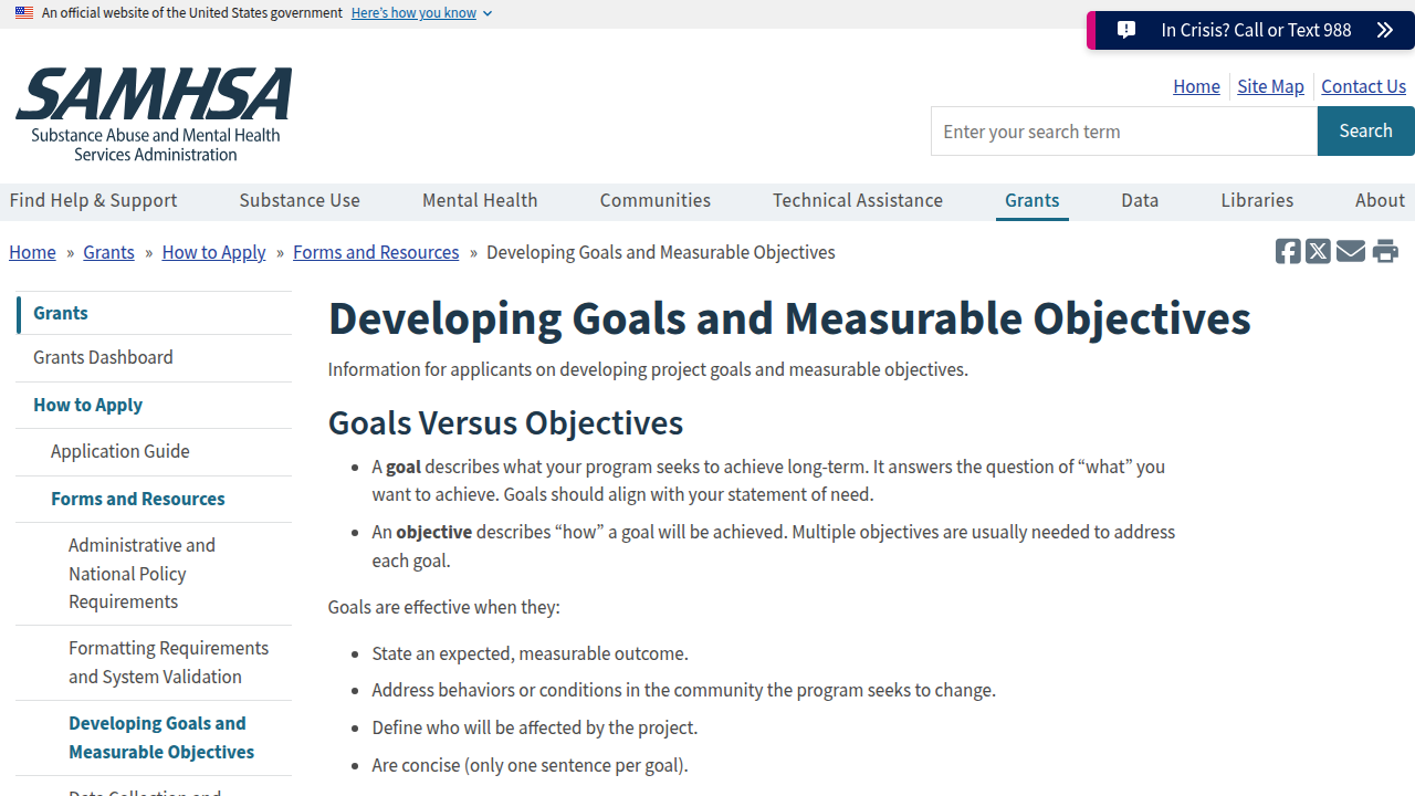 Explore the Substance Abuse and Mental Health Services Administration's (SAMHSA) guide on developing measurable objectives for mental health grants, often referencing the SMART framework.