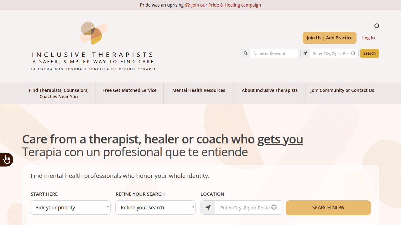 Inclusive Therapists allows users to filter for providers by race, ethnicity, and other identities.