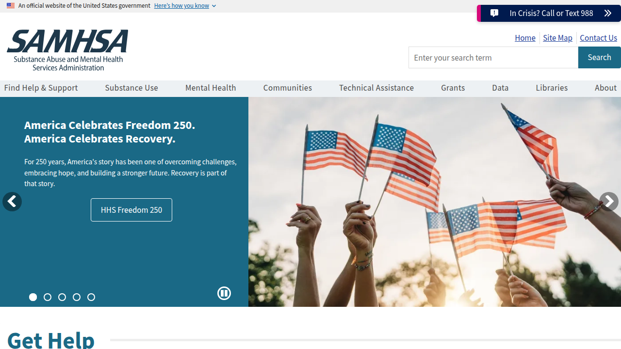 The Substance Abuse and Mental Health Services Administration (SAMHSA) website, offering a gateway to national helplines and treatment locators.