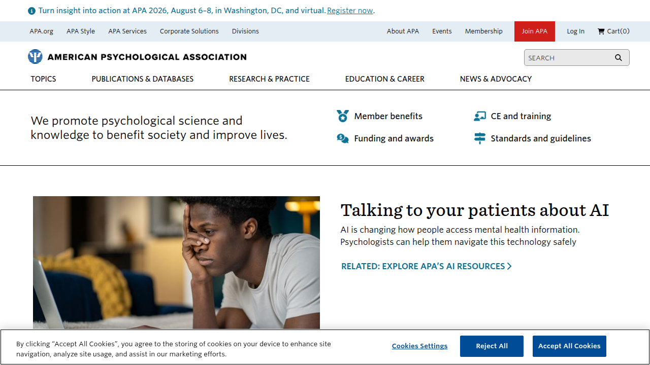 The American Psychological Association (APA) website, offering research, guidance, and a psychologist locator tool.