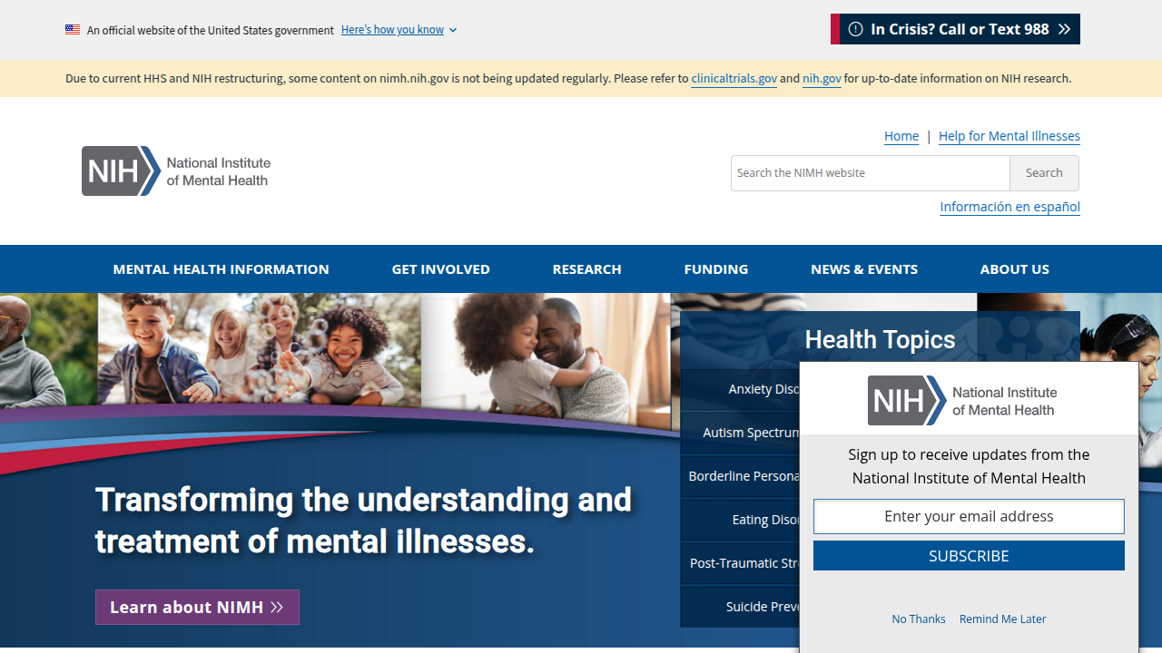 The National Institute of Mental Health (NIMH) website, offering science-backed information on mental disorders and research initiatives.