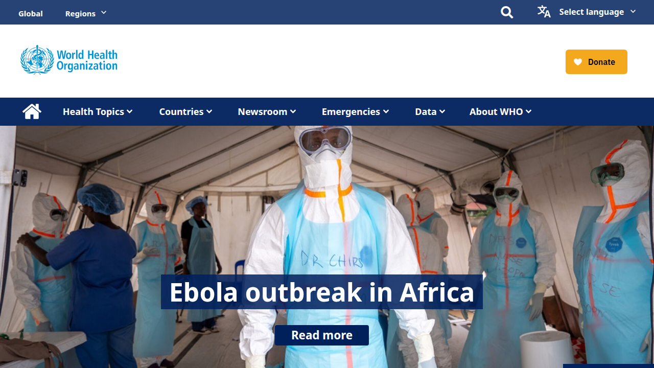 The World Health Organization (WHO) website, a source for global health data and diagnostic frameworks like ICD-11.