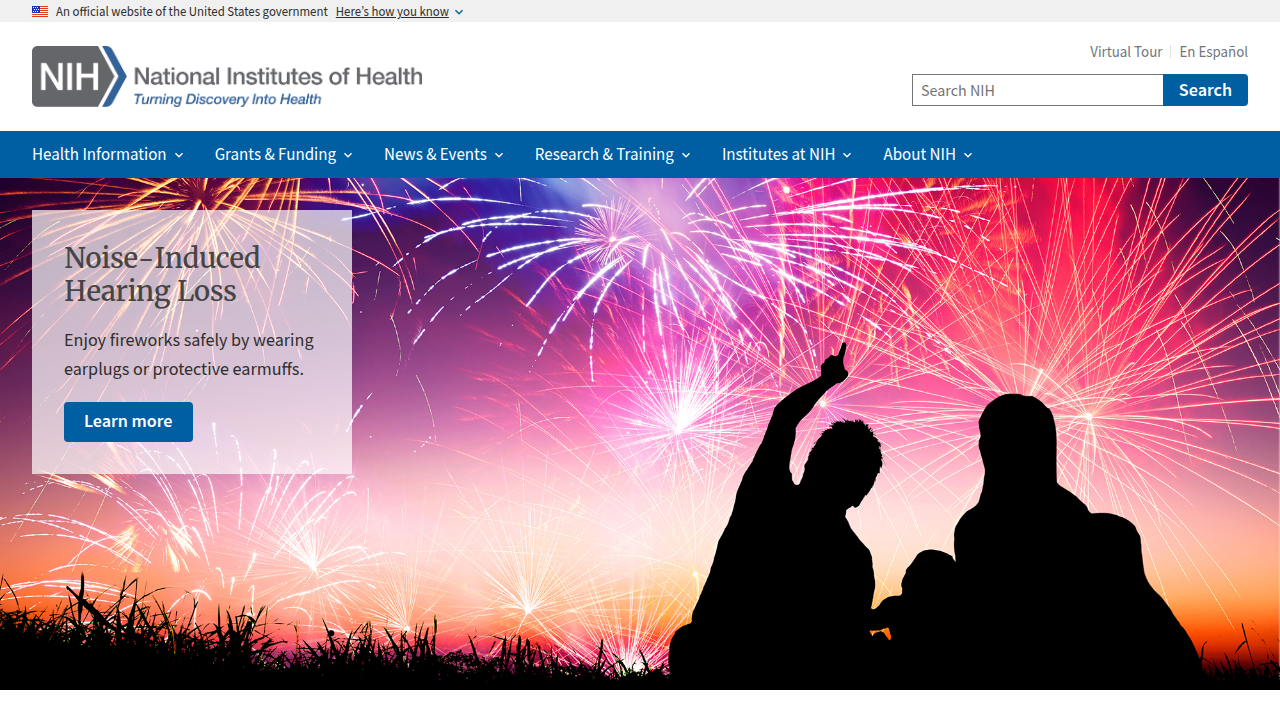 Screenshot of the National Institutes of Health (NIH) homepage, a leading source for medical research and health information.
