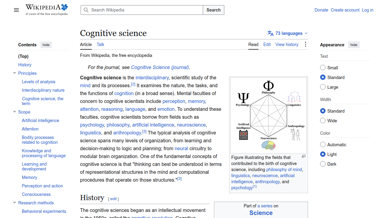 Wikipedia's definition of cognitive science, illustrating its interdisciplinary approach to studying the mind.