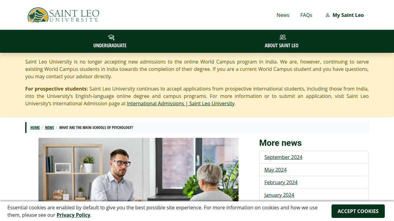 An overview from Saint Leo University discussing the main schools of thought in psychology and their unique perspectives.