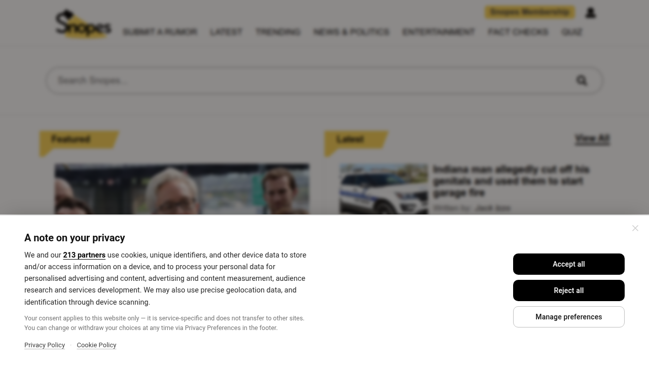 Screenshot of Snopes.com, a fact-checking website that debunked the literal truth of Pooh mental disorders.