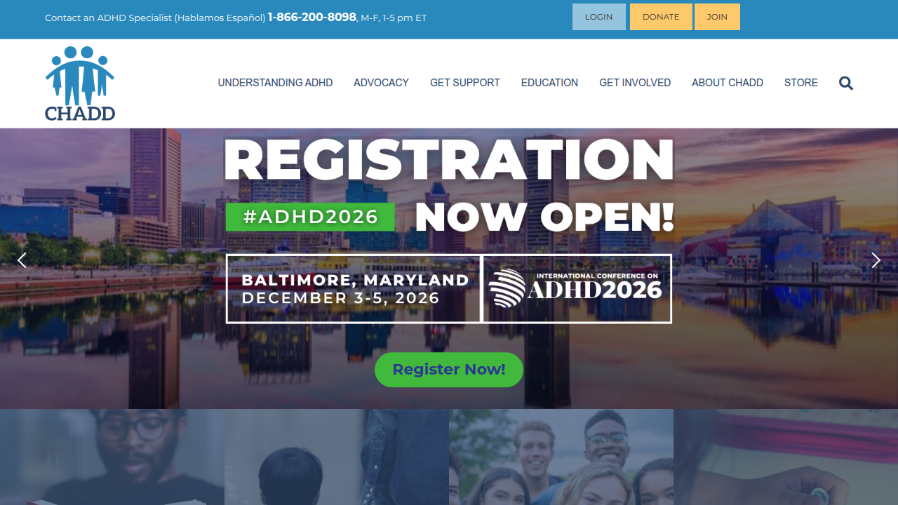Screenshot of CHADD.org, a national resource on ADHD for individuals, families, and professionals.