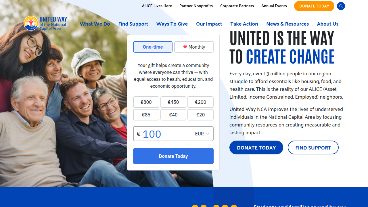 A screenshot of the United Way of the National Capital Area homepage, an organization actively promoting social empowerment.