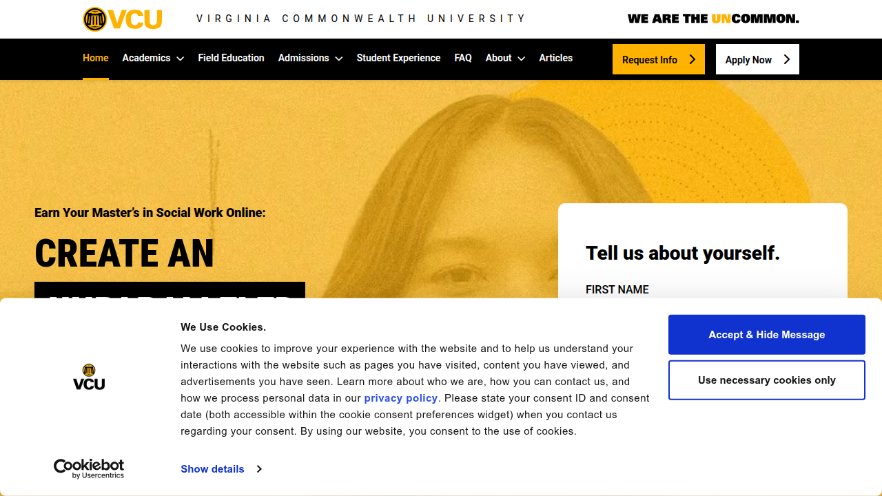 A screenshot of the Virginia Commonwealth University (VCU) Online Social Work program homepage, offering relevant academic resources.