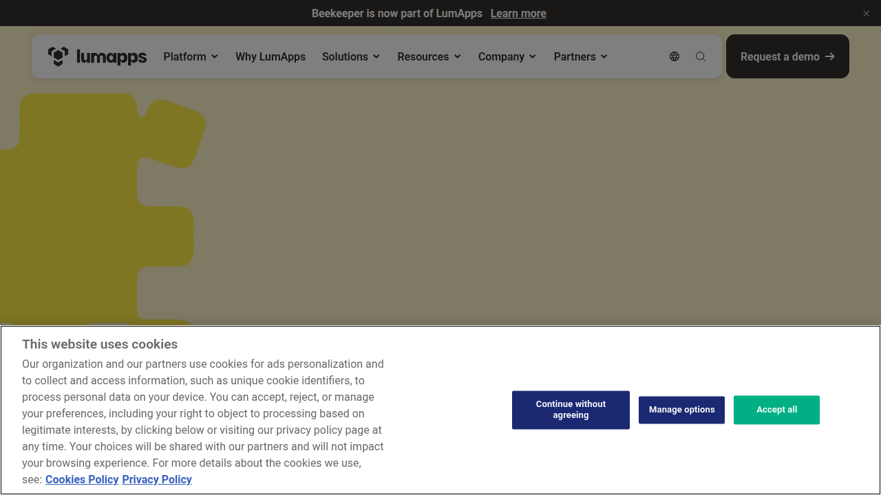A screenshot of the Lumapps homepage, an intranet solution provider, illustrating concepts of employee empowerment.