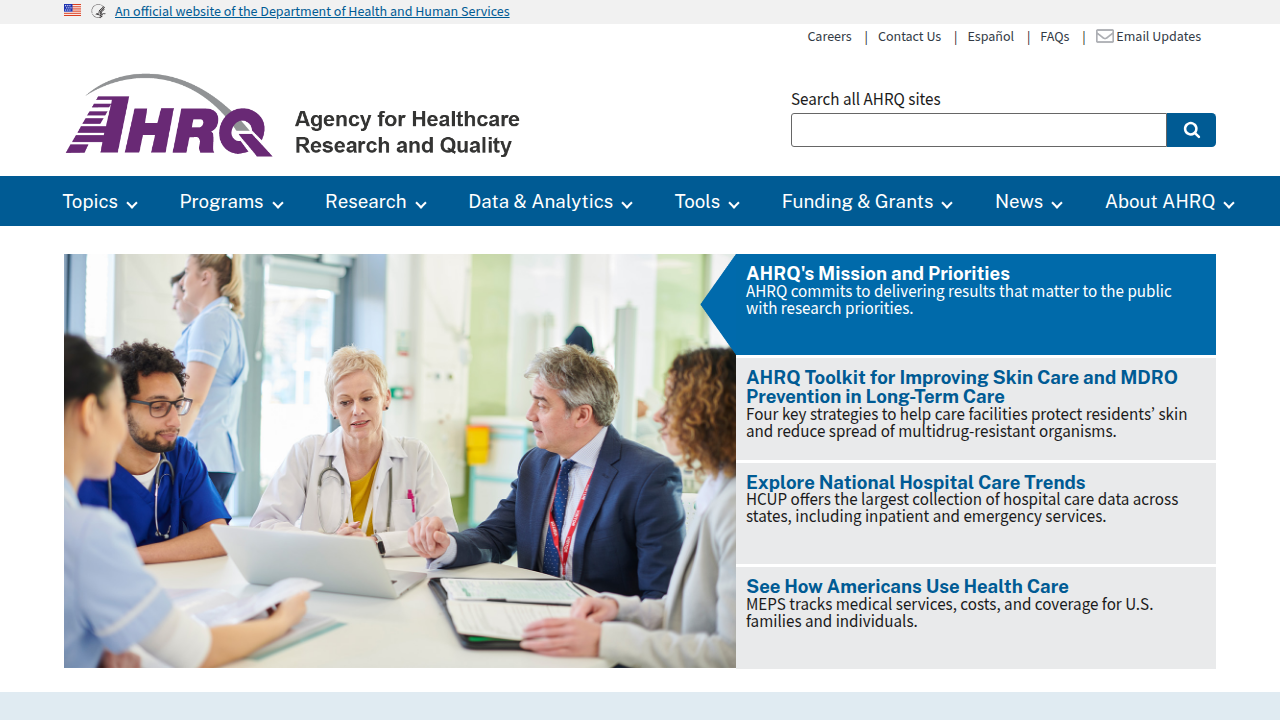 A screenshot of the Agency for Healthcare Research and Quality (AHRQ) homepage, a resource for healthcare quality improvement and staff empowerment.