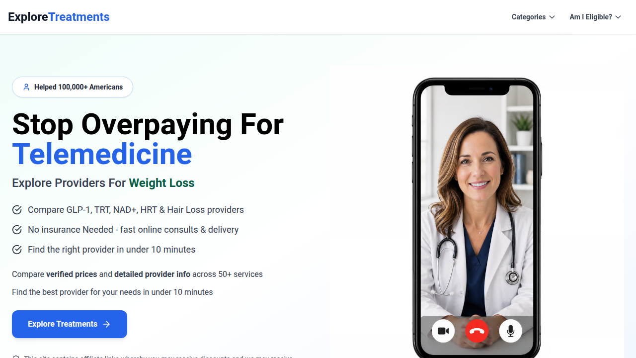 Screenshot of the ExploreTreatments homepage, a resource for finding and comparing online therapy platforms.
