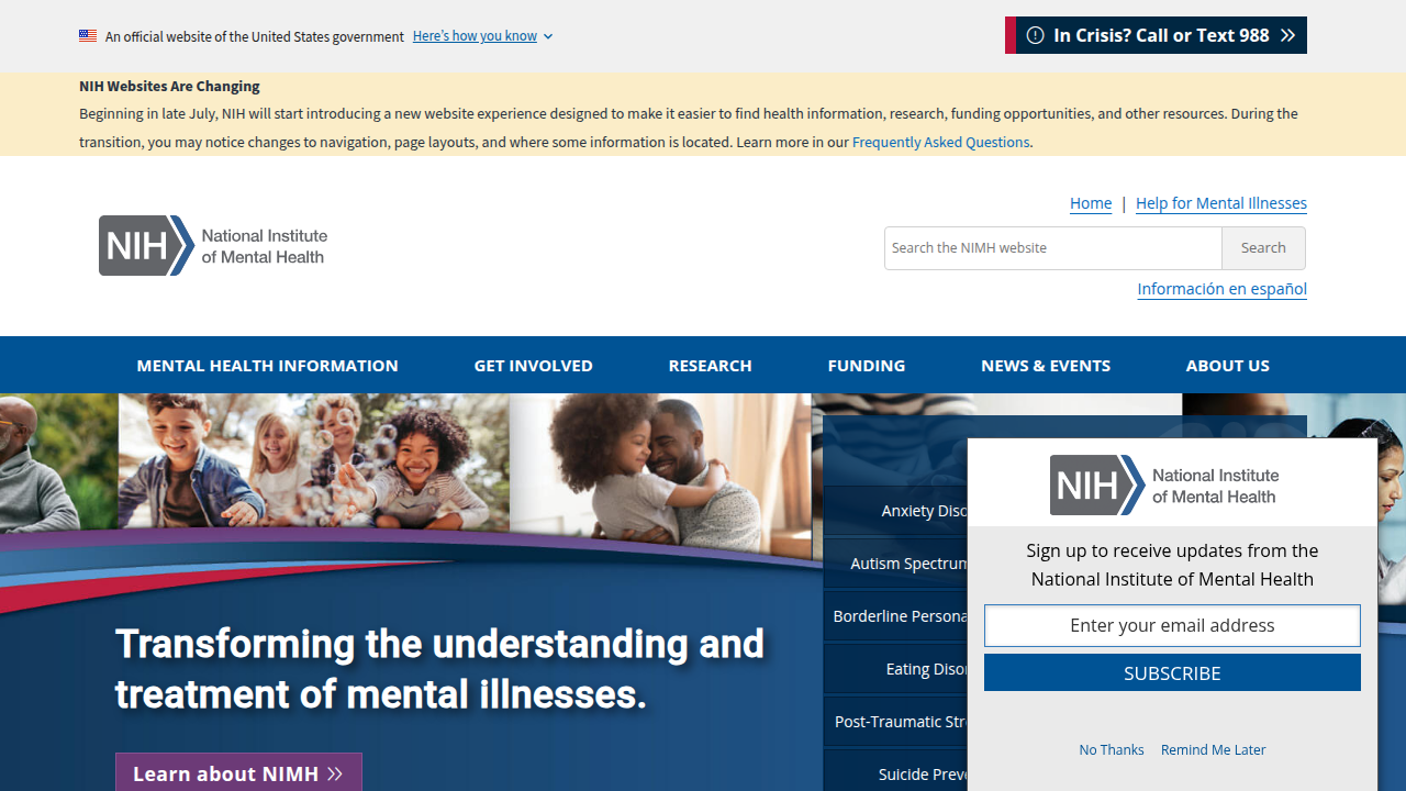 The National Institute of Mental Health (NIMH) is a leading federal agency for research on mental disorders, providing statistics and resources.